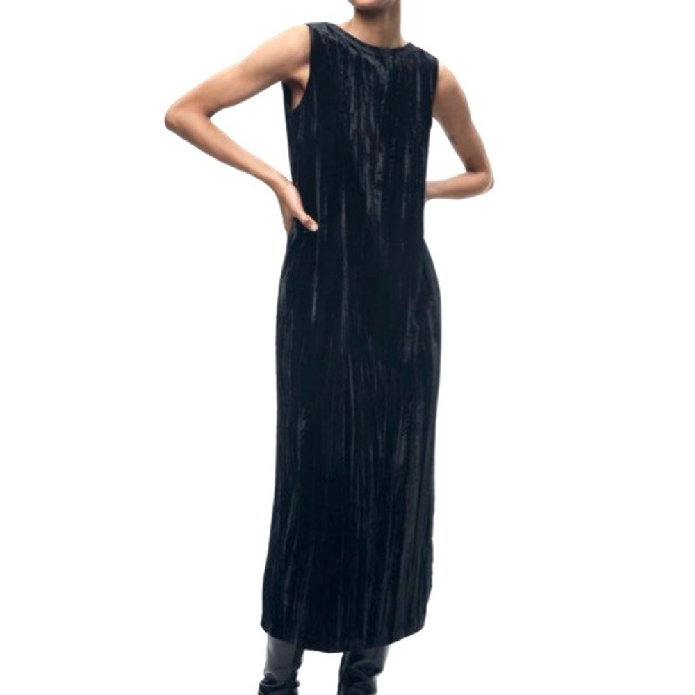 Zara Crushed Velvet Column Maxi Dress Women’s Size M Sleeveless Side Slit Black